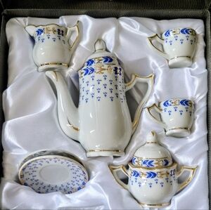 White Porcelain Miniature Tea Set with Blue Floral and Gold Trim
